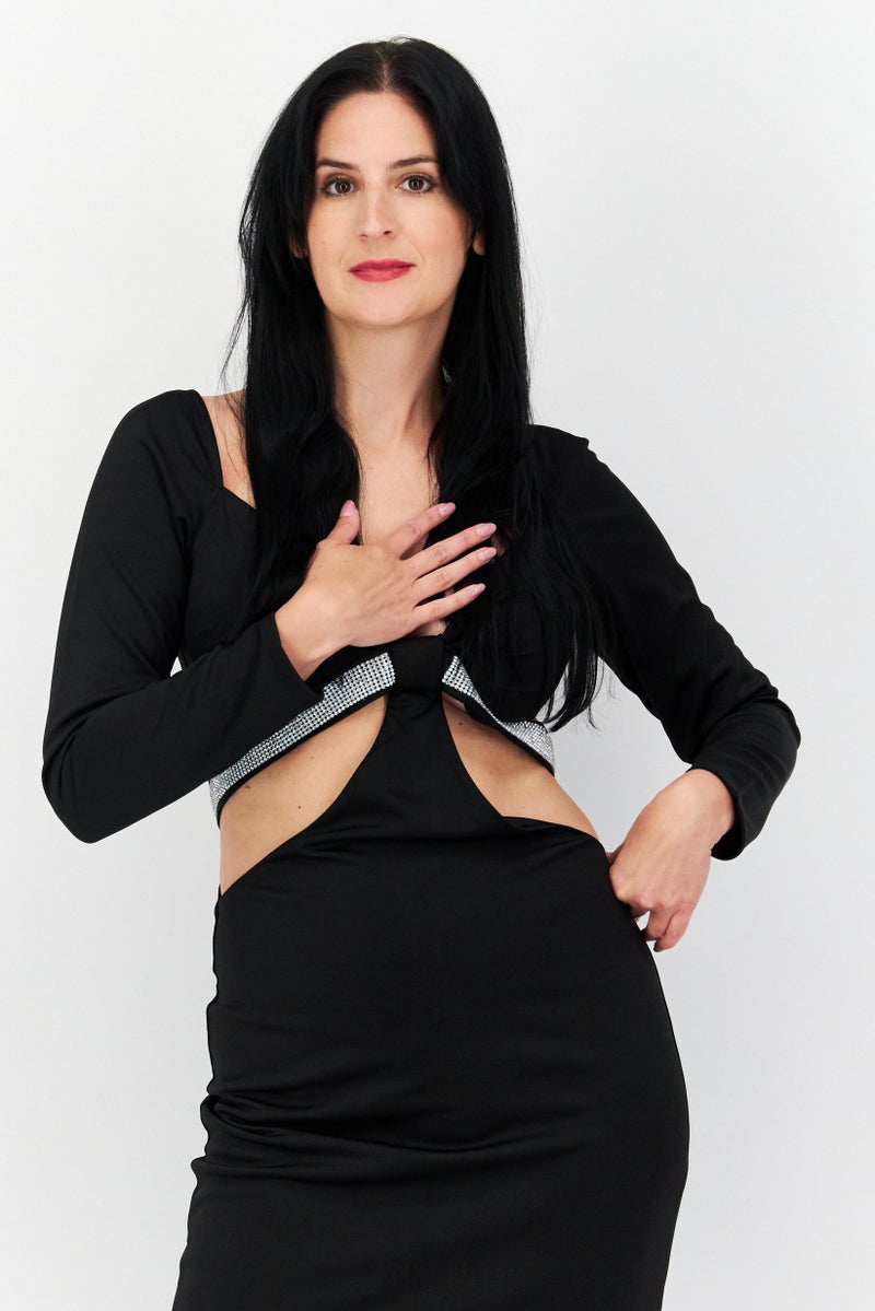 Yaura Women Rhinestone Detail Midi Dress, Black - Image 2